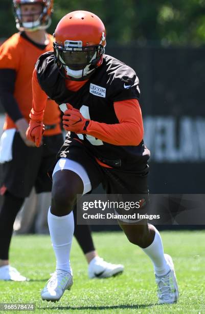 Wide receiver Antonio Callaway of the Cleveland Browns runs a route during an OTA practice at the Cleveland Browns training facility in Berea, Ohio.