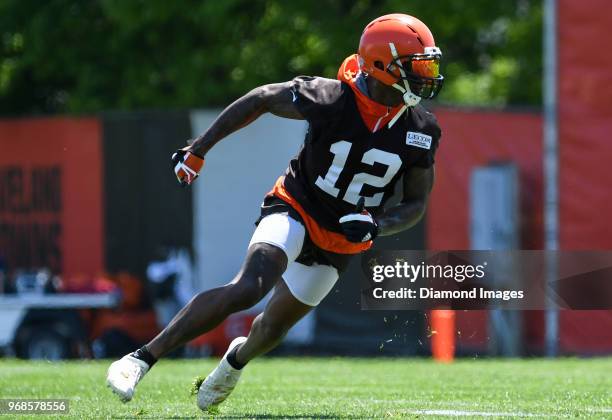 Wide receiver Josh Gordon of the Cleveland Browns runs a route during an OTA practice at the Cleveland Browns training facility in Berea, Ohio.