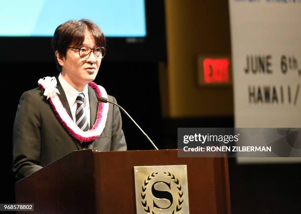 Japanese Prince Akishino speaks at the Nikkei & Japanese Abroad reception in Honolulu, Hawaii, June 4, 2018. - The prince and princess of Japan are...