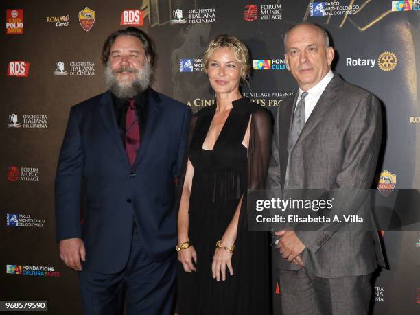 Russell Crowe, Connie Nielsen and Tomas Arana attend the 'Il Gladiatore In Concerto' charity night at Colosseum on June 6, 2018 in Rome, Italy.