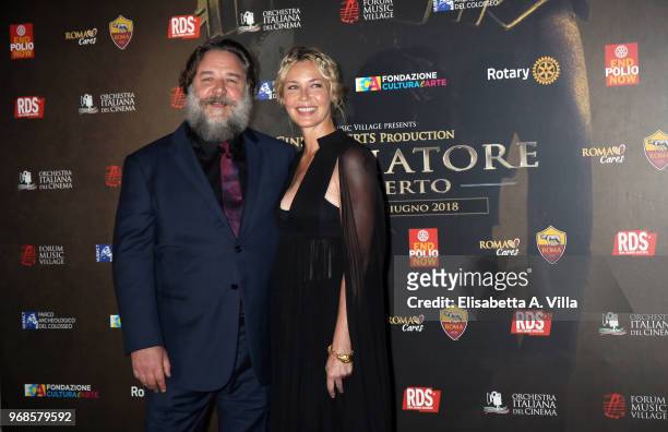Russell Crowe and Connie Nielsen attend the 'Il Gladiatore In Concerto' charity night at Colosseum on June 6, 2018 in Rome, Italy.