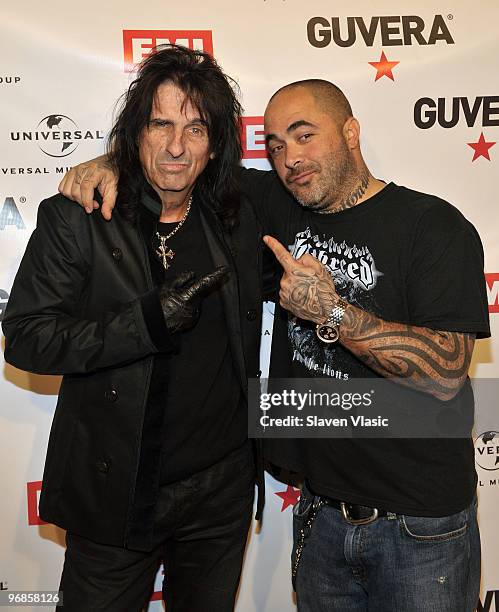 Musicians Alice Cooper and Aaron Lewis attend the Guvera Pre-Launch Party at the Metropolitan Pavilion on February 18, 2010 in New York City.