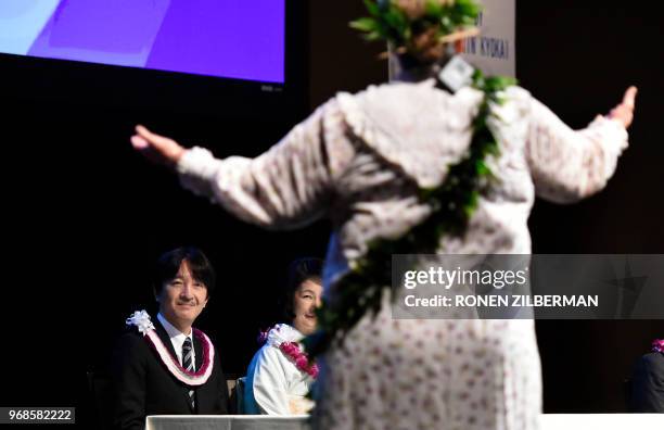 Japanese Prince Akishino and Princess Kiko are greeted with a Hawaiian blessing during the Nikkei & Japanese Abroad reception in Honolulu, Hawaii,...