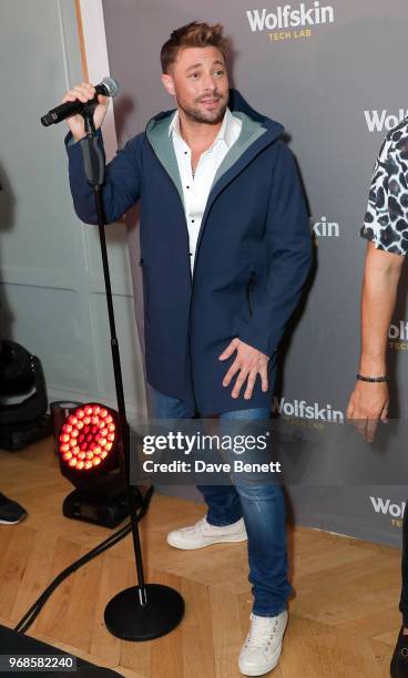 Duncan James from Blue performs on stage at the WolfskinTechLab Collection Preview AW18 at The Groucho Club on June 6, 2018 in London, England.