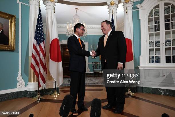 Secretary of State Mike Pompeo participates in a photo-op with Japanese Foreign Minister Taro Kono at the State Department June 6, 2018 in...