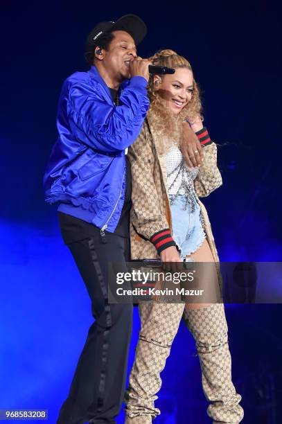Jay-Z and Beyonce Knowles perform on stage during their "On the Run II" tour opener at Principality Stadium on June 6, 2018 in Cardiff, Wales.