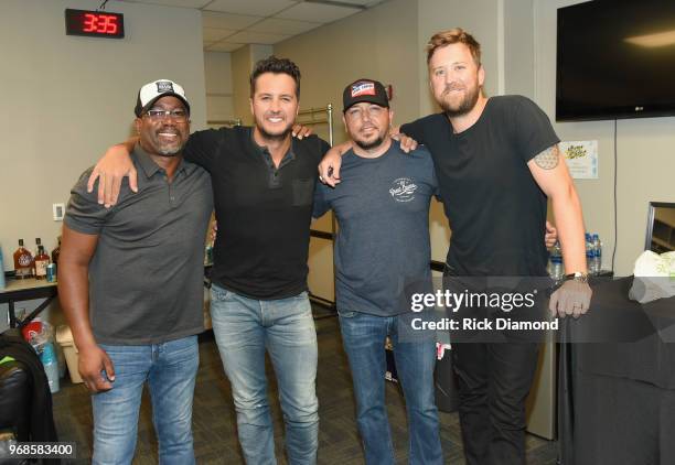 Darius Rucker, Luke Bryan, Jason Aldean and Charles Kelley attend the 2018 CMT Music Awards - Backstage & Audience at Bridgestone Arena on June 6,...