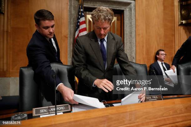 Sen. Rand Paul arrives for a Federal Spending Oversight And Emergency Management Subcommittee hearing June 6, 2018 on Capitol Hill in Washington, DC....
