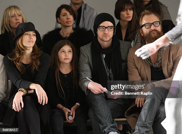 Jessica Biel, Blue Lindeberg, Justin Timberlake, and Johan Lindeberg attend Paris68 Fall 2010 during Mercedes-Benz Fashion Week at Milk Studios on...