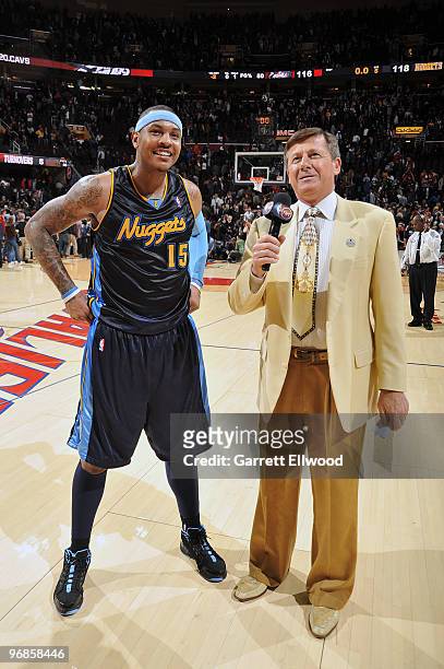 Carmelo Anthony of the Denver Nuggets is interviewed by Craig Sager of TNT following the game against the Cleveland Cavaliers on February 18, 2010 at...