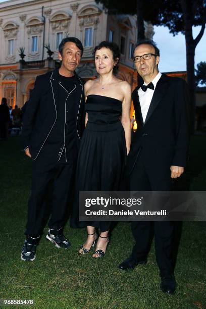 Pierpaolo Piccioli, Nicoletta Braschi and Roberto Benigni attend the McKim Medal Gala 2018 at Villa Aurelia on June 6, 2018 in Rome, Italy.