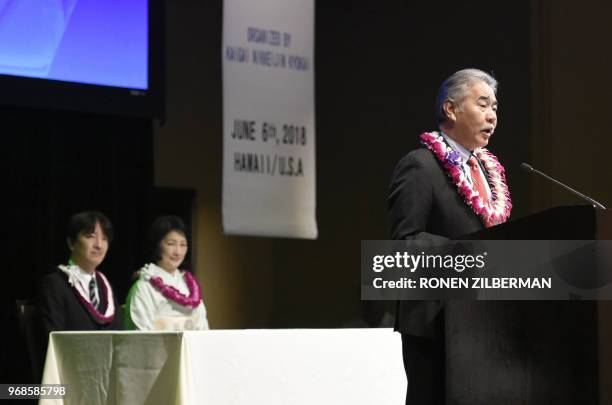 Japanese Prince Akishino and Princess Kiko listen as Hawaii governer David Ige speaks during the Nikkei & Japanese Abroad reception in Honolulu,...