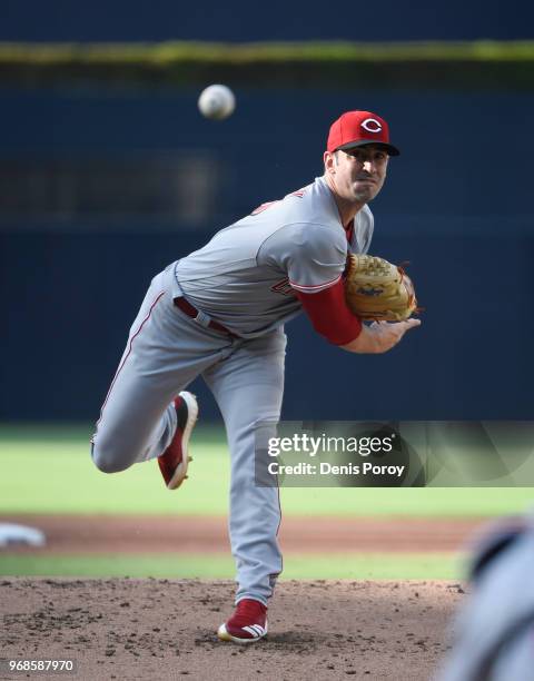 Matt Harvey of the Cincinnati Reds pitches during the first inning of a baseball game against the San Diego Padres at PETCO Park on June 2, 2018 in...