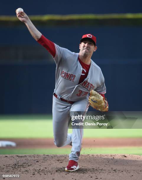 Matt Harvey of the Cincinnati Reds pitches during the first inning of a baseball game against the San Diego Padres at PETCO Park on June 2, 2018 in...