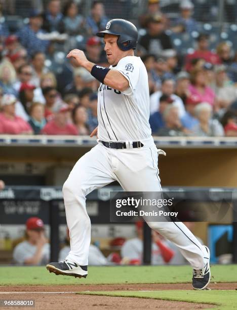 Ellis of the San Diego Padres runs during a baseball game against the Cincinnati Reds at PETCO Park on June 2, 2018 in San Diego, California.