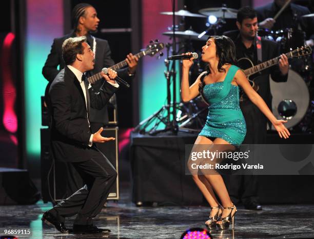 Cristian Castro and Ana Isabelle on stage at Univisions 2010 Premio Lo Nuestro a La Musica Latina Awards at American Airlines Arena on February 18,...