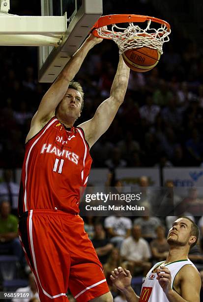 Cameron Tragardh of the Hawks scores during game one of the NBL semi final series between the Wollongong Hawks and the Townsville Crocodiles at...