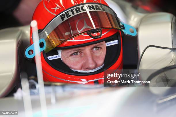 Michael Schumacher of Germany and Mercedes GP prepares to drive during winter testing at the Circuito De Jerez on February 19, 2010 in Jerez de la...