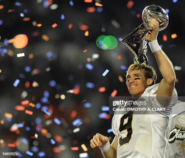 Quarterback Drew Brees of the New Orleans Saints after the Saints defeated the Indianapolis Colts during Super Bowl XLIV on February 7, 2010 at Sun...