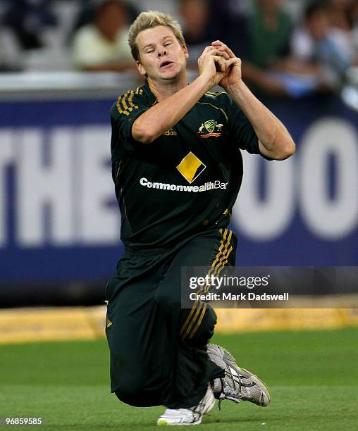 Steven Smith of Australia catches Keiron Pollard of the West Indies off the bowling of James Hopes during the Fifth One Day International match...