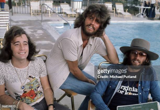 Pop vocal trio the Bee Gees, USA, 1975. Left to right: Robin, Barry and Maurice Gibb .