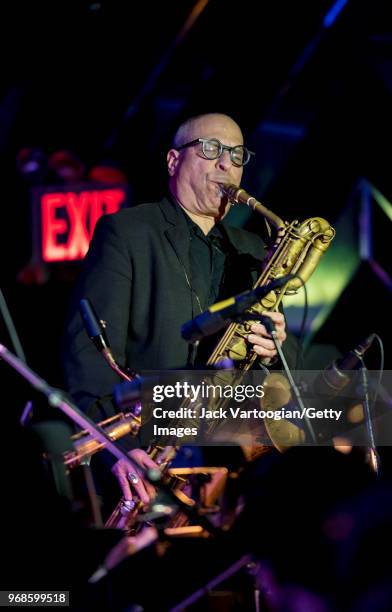 American jazz musician Gary Smulyan performs on baritone saxophone with the Jimmy Heath Big Band during the Jimmy Heath 90th Birthday Celebration at...