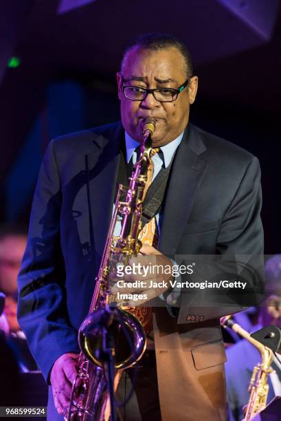 American Jazz musician Bobby Lavell performs on tenor saxophone with the Jimmy Heath Big Band during the Jimmy Heath 90th Birthday Celebration at The...