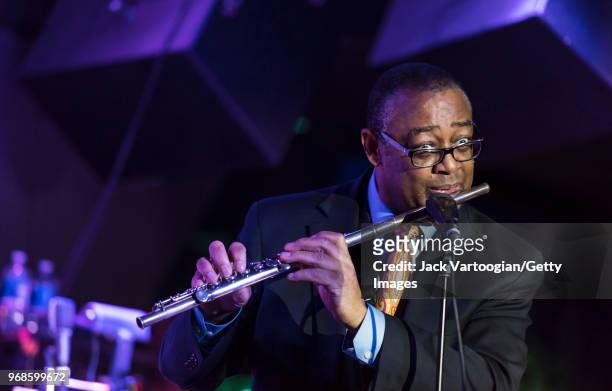 American jazz musician Bobby Lavell performs on flute with the Jimmy Heath Big Band during the Jimmy Heath 90th Birthday Celebration at The Blue...