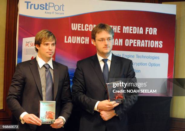 TrustPort CEO Vladislav Nemec and International Sales Manager Roamn Veleba launch their product on the Indian antivirus market during a press...