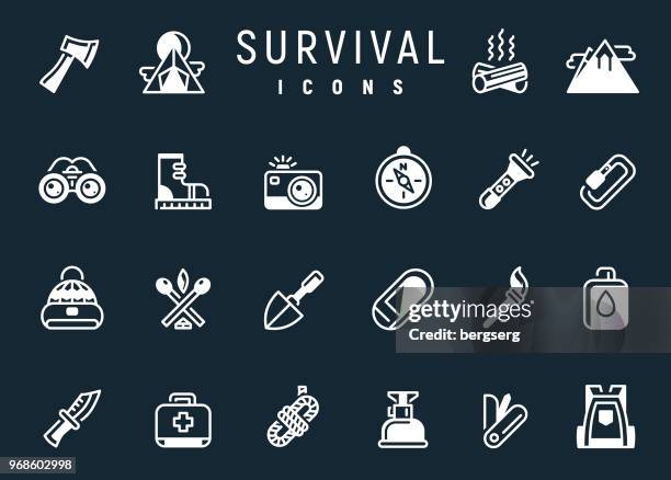 camping survival flat icon - survival kit stock illustrations