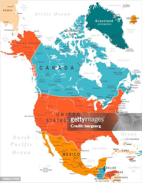 nordamerika farbige karte - nordamerika stock-grafiken, -clipart, -cartoons und -symbole