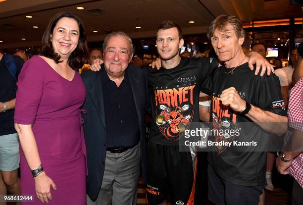 The Premier of Queensland Annastacia Palaszczuk, boxing promoter Bob Arum, boxer Jeff Horn and trainer Glenn Rushton pose for a photo during the open...