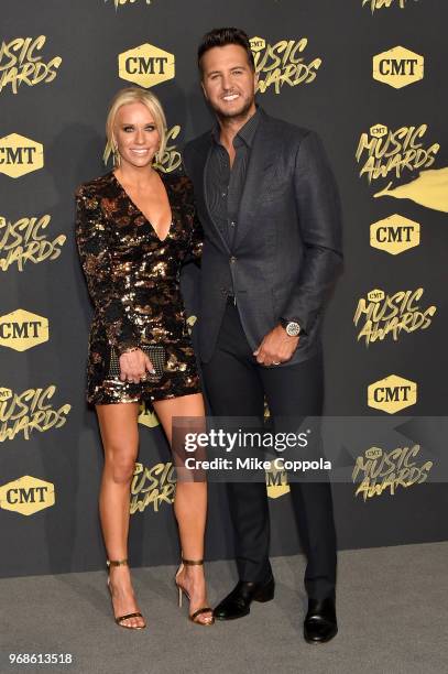 Caroline Boyer and Luke Bryan attend the 2018 CMT Music Awards at Bridgestone Arena on June 6, 2018 in Nashville, Tennessee.