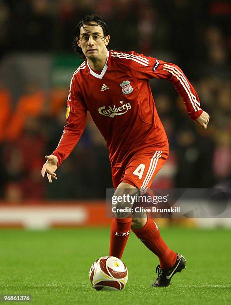 Alberto Aquilani of Liverpool in action during the UEFA Europa League Round 32 first leg match between Liverpool and Unirea Urzicen at Anfield on...