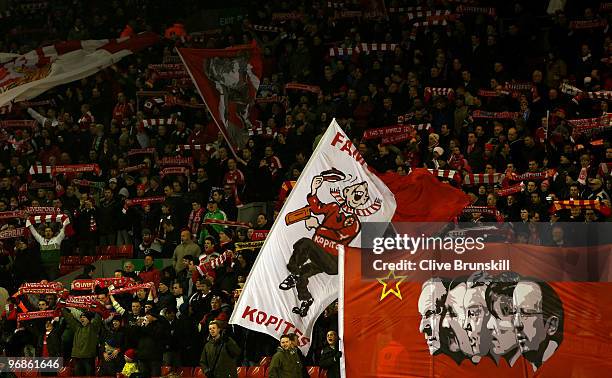 Section of the Kop during the UEFA Europa League Round 32 first leg match between Liverpool and Unirea Urzicen at Anfield on February 18, 2010 in...