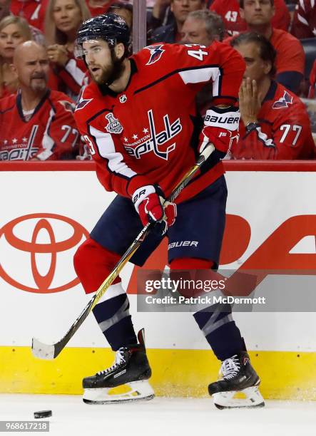 Tom Wilson of the Washington Capitals plays against the Vegas Golden Knights during Game Four of the 2018 NHL Stanley Cup Final at Capital One Arena...