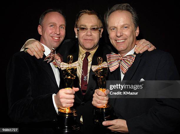 Elton John with Steve Box and Nick Park, winners Best Animated Feature for "Wallace & Gromit in The Curse of the Were-Rabbit" *EXCLUSIVE*