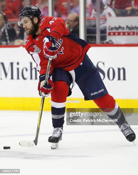 Tom Wilson of the Washington Capitals plays against the Vegas Golden Knights during Game Four of the 2018 NHL Stanley Cup Final at Capital One Arena...