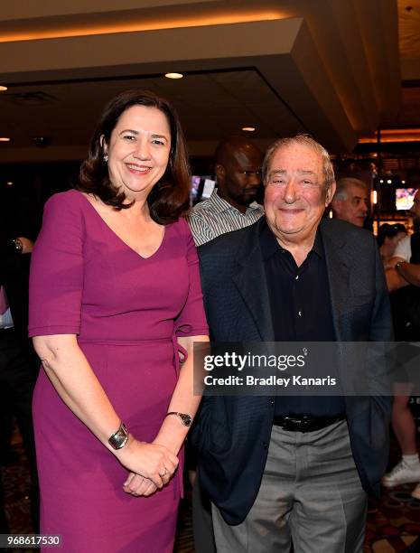 The Premier of Queensland Annastacia Palaszczuk and boxing promoter Bob Arum pose for a photo during the open media day workouts at the MGM Grand on...