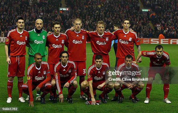 Liverpool FC pose for a group photo during the UEFA Europa League Round 32 first leg match between Liverpool and Unirea Urzicen at Anfield on...