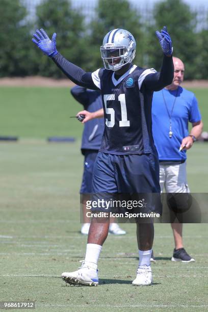 Dallas Cowboys defensive tackle Jihad Ward reacts to a play during the Dallas Cowboys OTA's on June 6, 2018 at The Star in Frisco, TX.