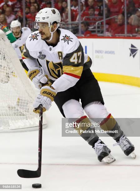 Luca Sbisa of the Vegas Golden Knights plays against the Washington Capitals during Game Four of the 2018 NHL Stanley Cup Final at Capital One Arena...