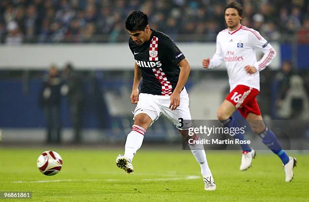 Carlos Salcido of Eindhoven runs with the ball during the UEFA Europa League knock-out round, first leg match between Hamburger SV and PSV Eindhoven...