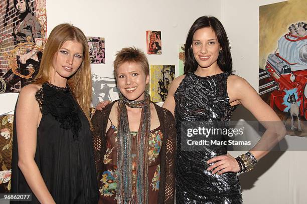 Model Heide Lindgren, artist Shawn Bishop Leo and Dana Douglas attend a special screening of Marc Bouwer's "Fall Winter 2010" at the Leo Kesting...