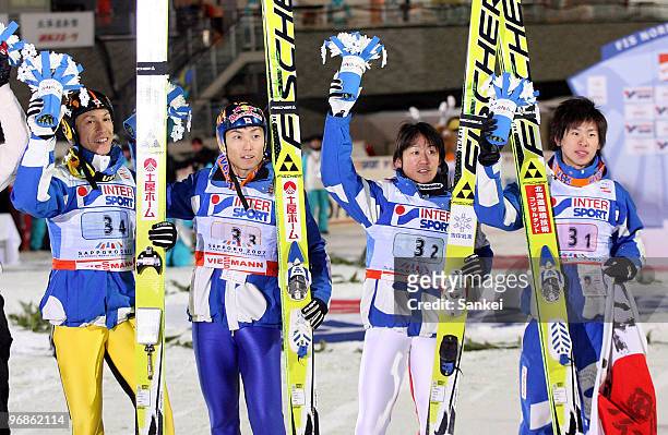 Noriaki Kasai, Daiki Ito, Takanobu Okabe and Shohei Tochimoto celebrate their bronze medal on the day three of the FIS Nordic World Ski Championship...