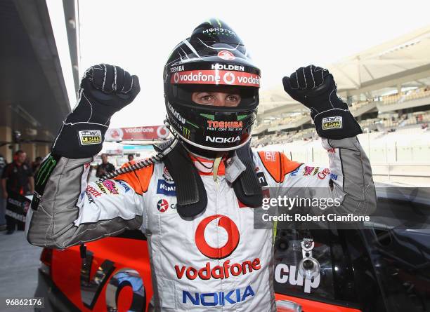 Jamie Whincup driver of the Team Vodafone Holdencelebrates after taking pole position after qualifying for round one of the V8 Supercar Championship...