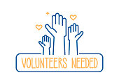 Volunteers needed banner design. Vector illustration for charity, volunteer work, community assistance. Crowd of people ready and available to help and contribute with hands raised. Positive foundation, business, service