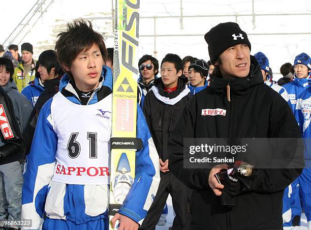 Shohei Tochimoto and Noriaki Kasai are seen during the FIS Continental Cup 2007 Sapporo at Miyanomori Jump Stadium on January 12, 2007 in Sapporo,...