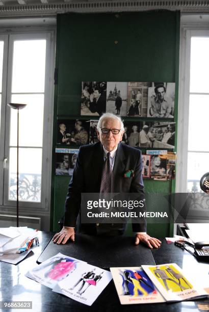 French fashion designer Pierre Cardin poses on February 17, 2010 in Paris, prior to give an interview to present his book on his 60-year-long career....