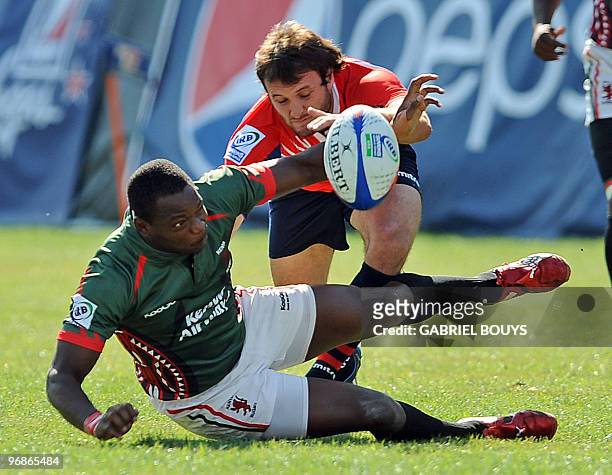 Brian Nyikuli of Kenya is tackled by Aldo Villavicendo of Chile during the 2010 USA Rugby Sevens tournament at the Sam Boyd Stadium in Las Vegas,...
